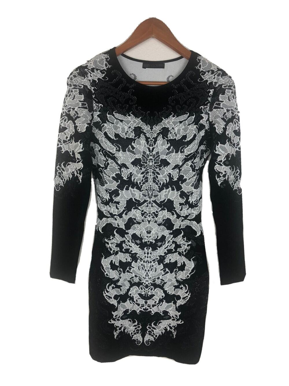 RVN Scorpio Lace Jaquard Bodycon Long Sleeve Dress Sz Medium Black White